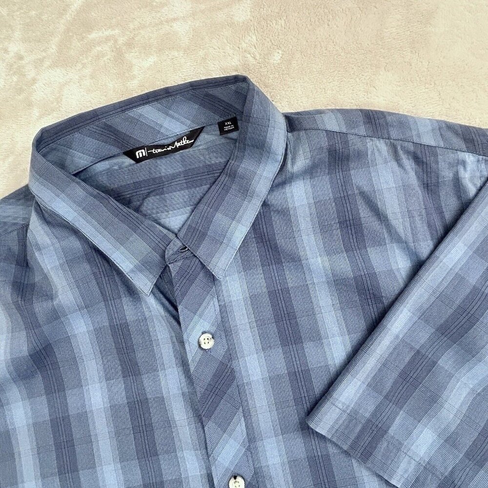 Travis Mathew Short Sleeve Men's Shirt XXL Button Front Plaid Cotton Blue Golf